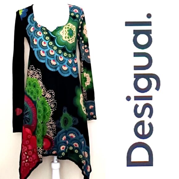 Desigual L/S Dress Bright Abstract Print Asymmetrical Hem Sz S - Picture 1 of 9